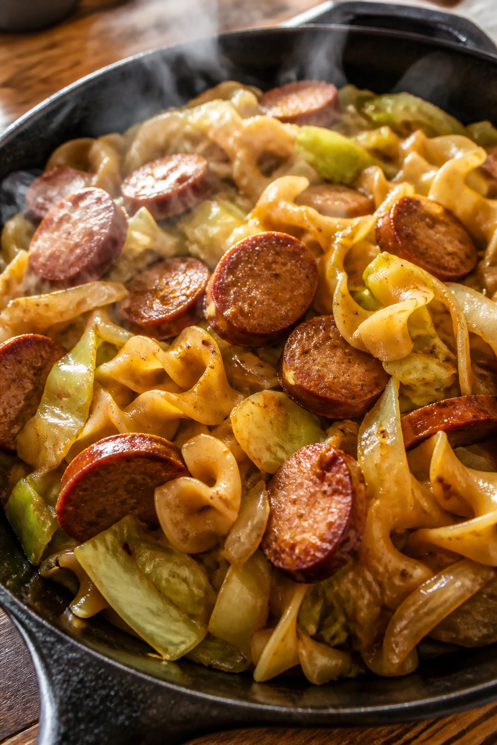 Skillet with fried cabbage, sausage and noodles