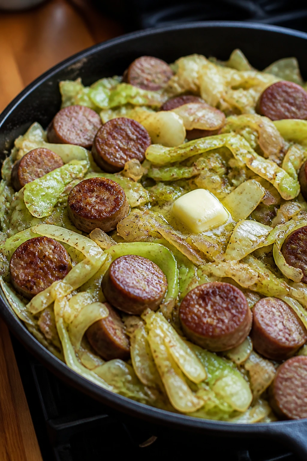 Beef sausage cabbage skillet with butter and vinegar