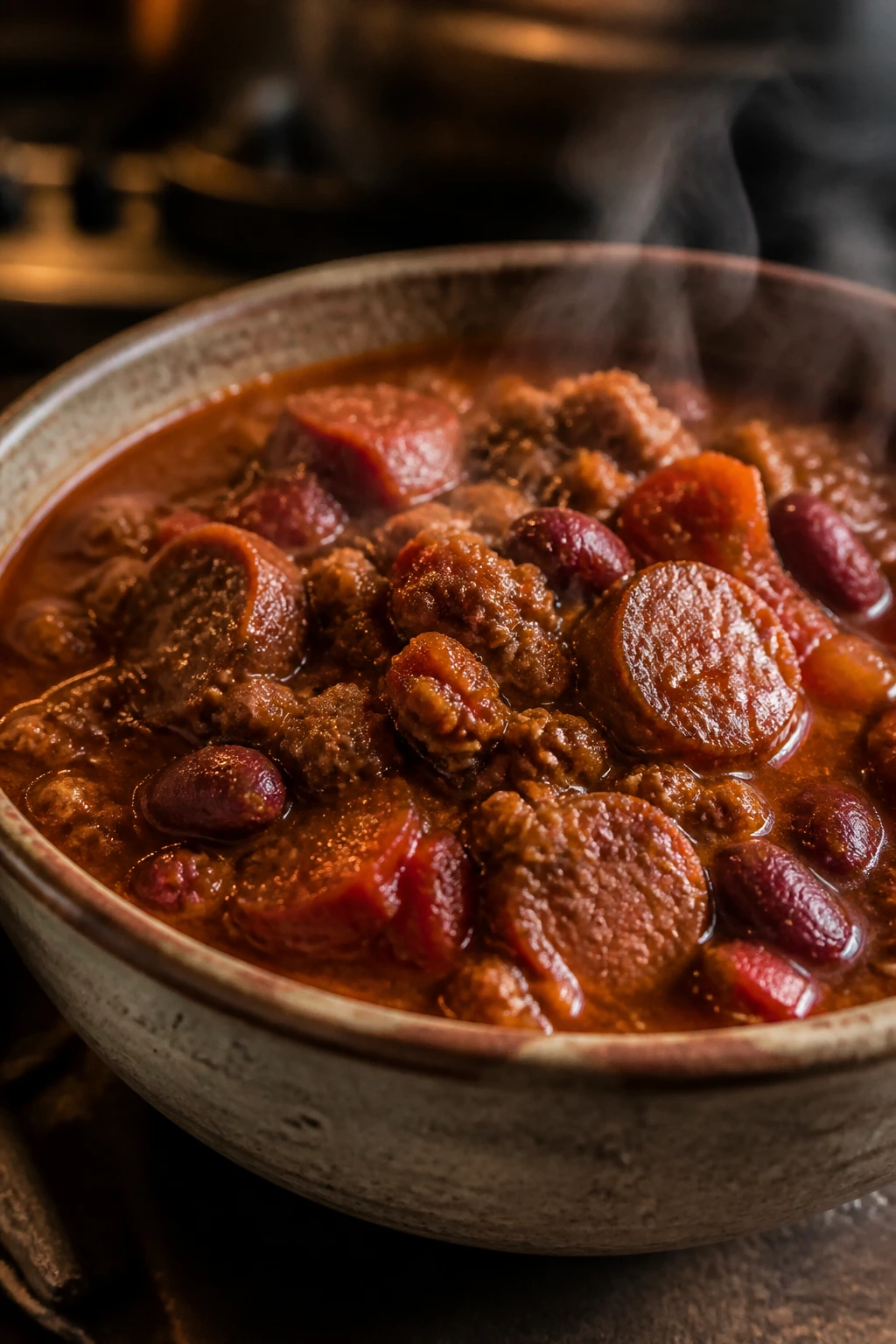 Rustic bowl of smoky beef sausage chili with beans, steaming hot.