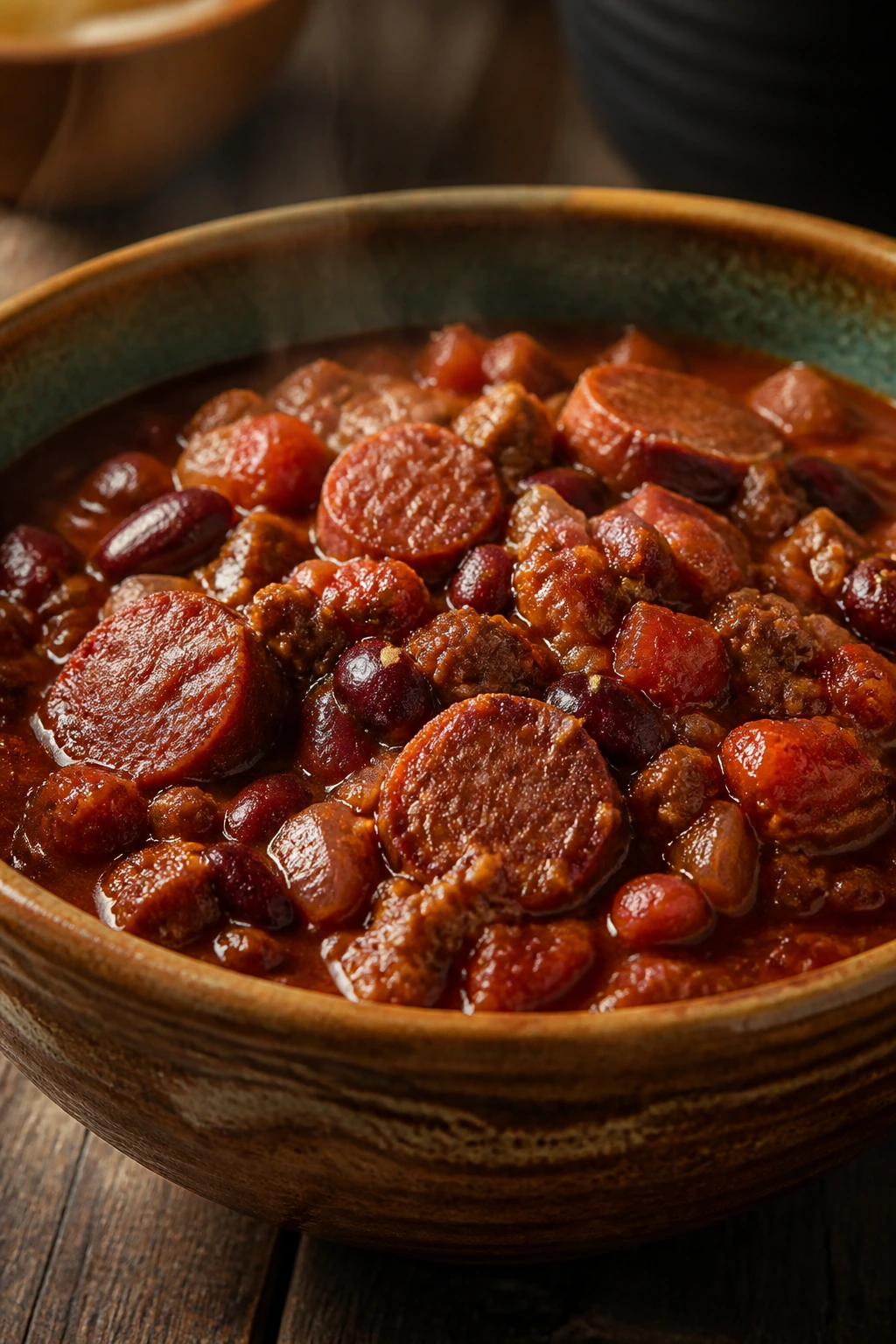 Close-up of beef sausage chili with beans in a ceramic bowl