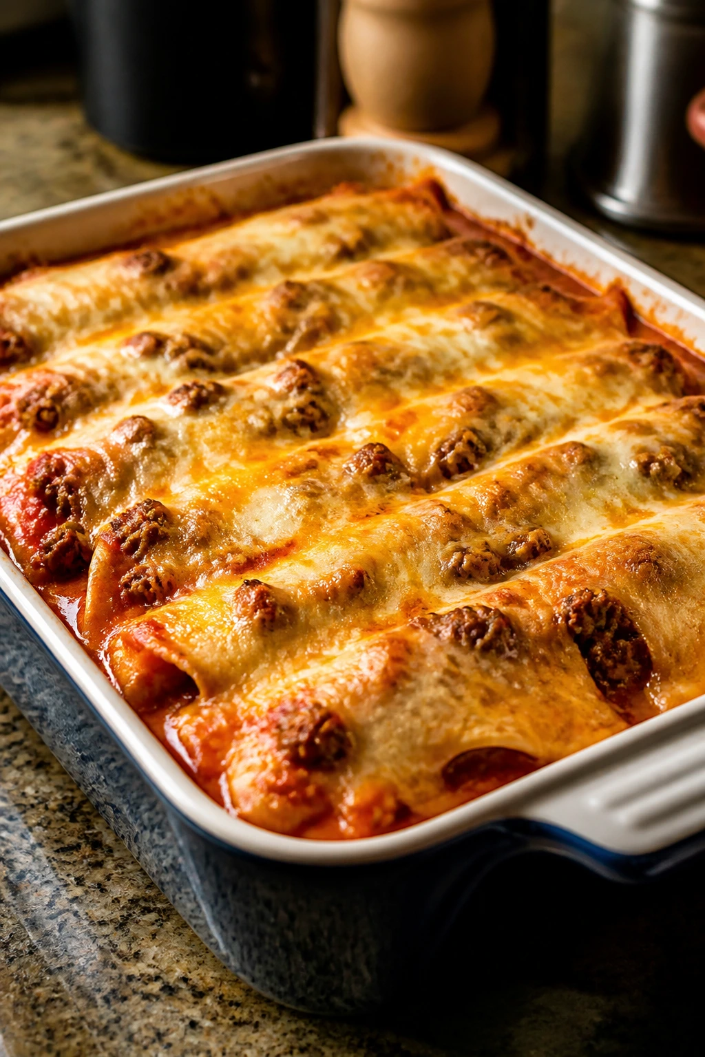 Beef and sausage enchilada casserole in a baking dish