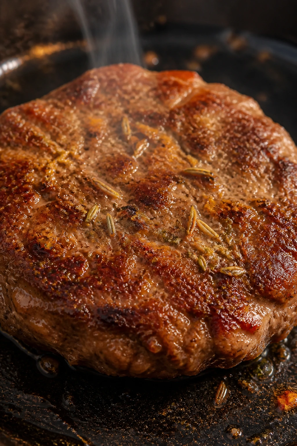 Close-up of a beef sausage patty with fennel and paprika seasoning.