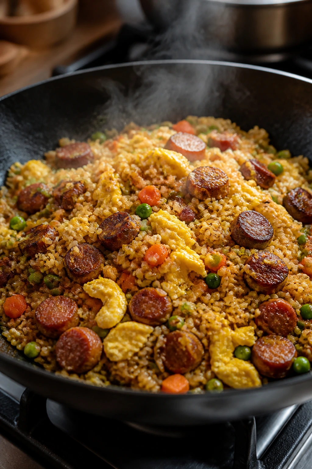 Beef sausage fried rice with eggs and vegetables in a wok
