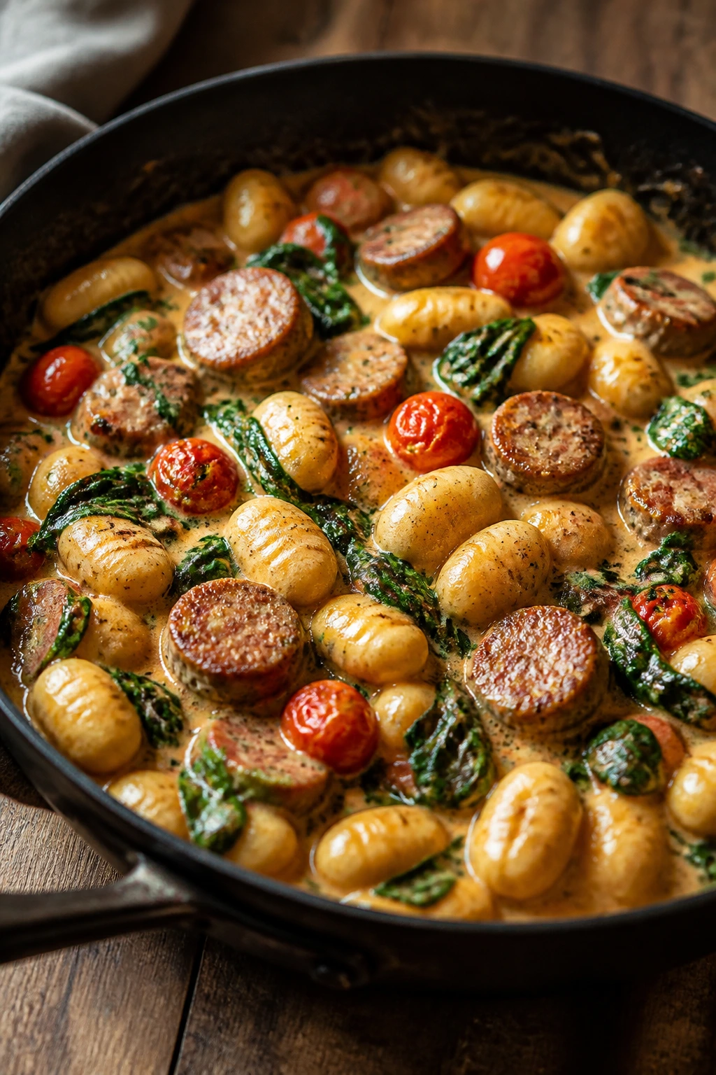 Close-up of beef sausage gnocchi skillet with tomato and spinach
