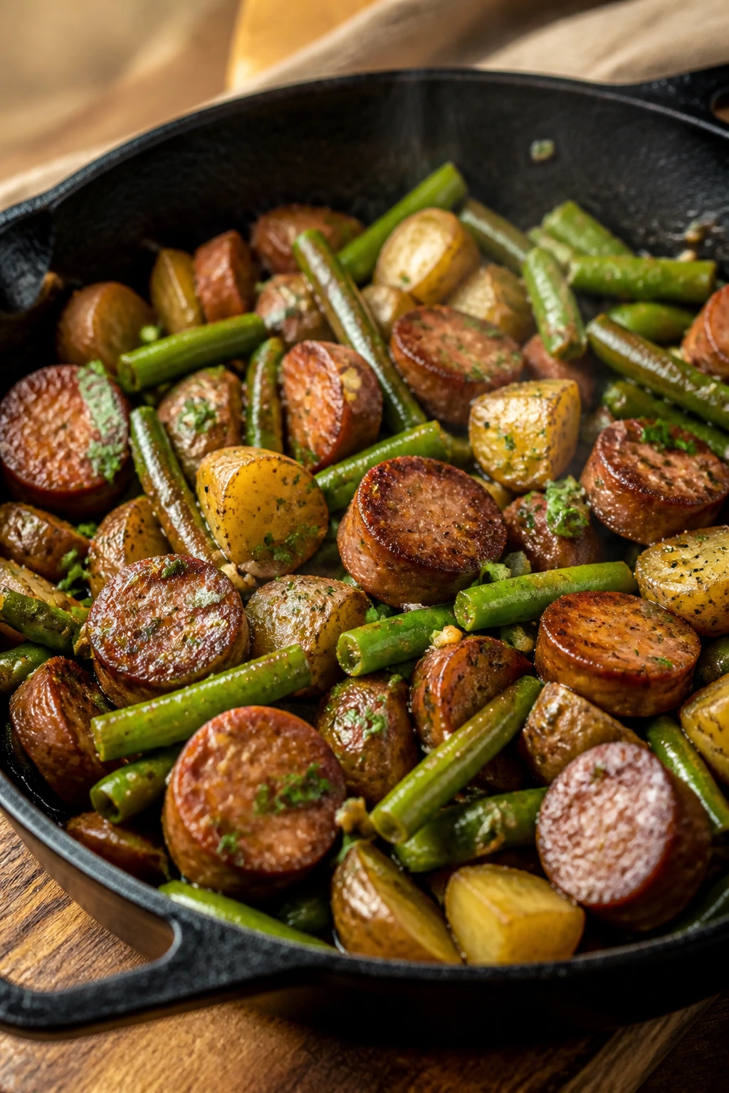 Close-up of beef sausage and green bean skillet with potatoes on a stove