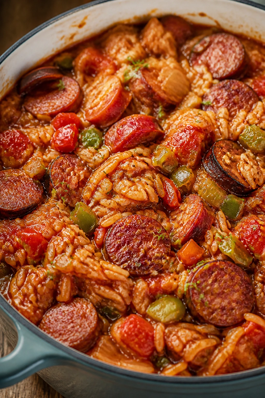 Jambalaya in a pot with sausage, rice, peppers, and tomatoes in a warm kitchen
