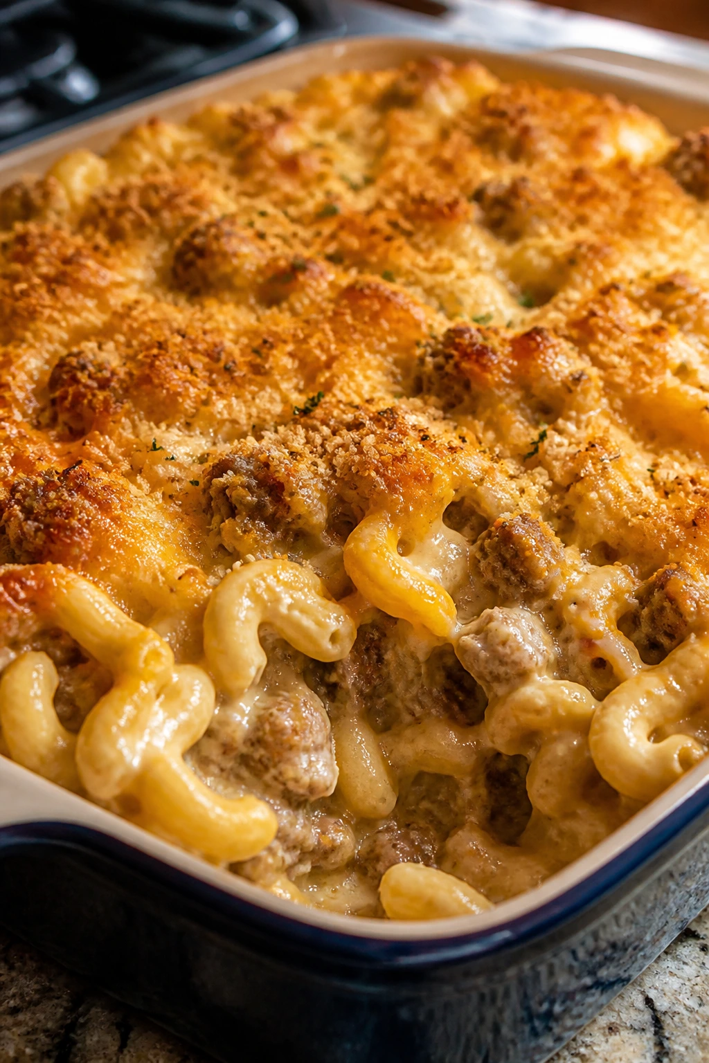 Bubbling mac and cheese bake with sausage and breadcrumb crust