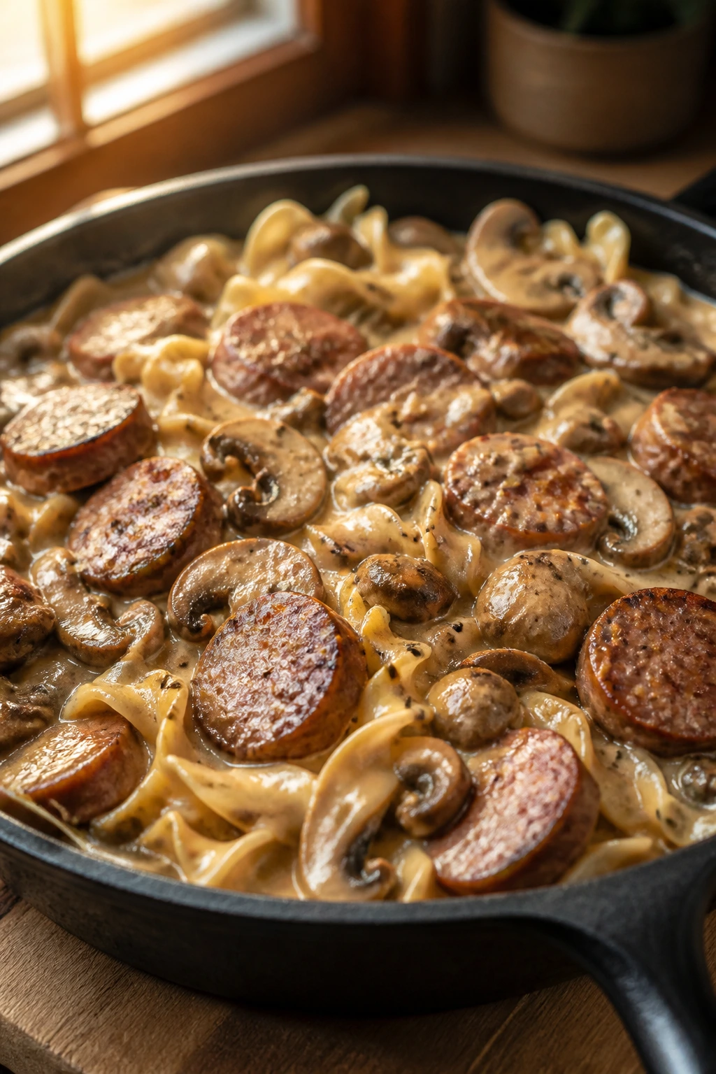 Close-up of beef sausage and mushroom stroganoff in a creamy sauce with noodles in a cast-iron skillet