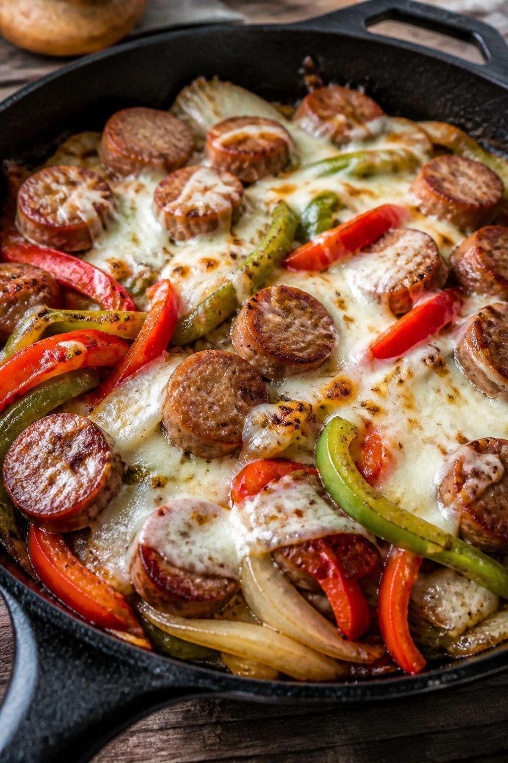 Cast-iron skillet with sausage, peppers, onion and melted mozzarella in a warm kitchen
