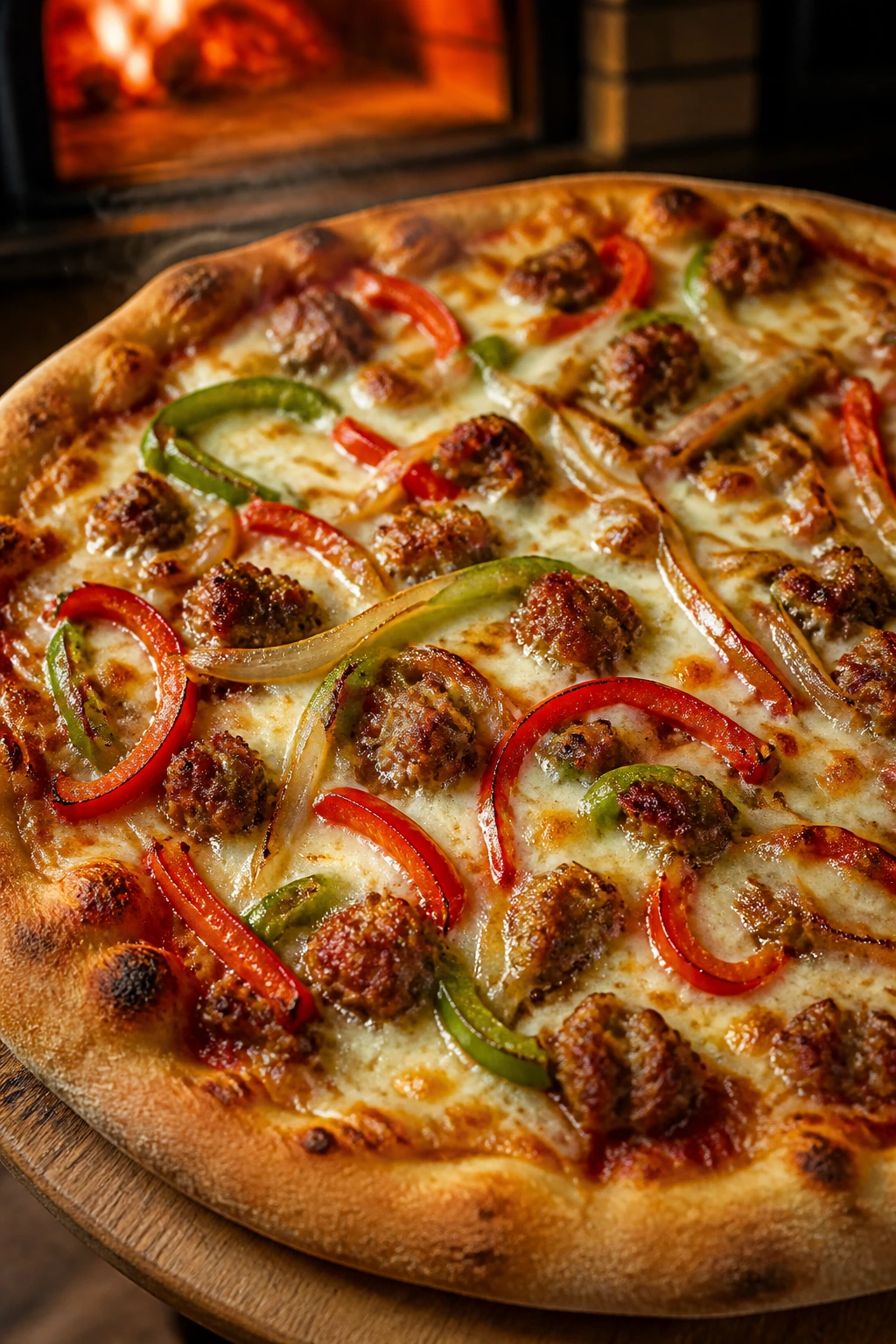 Close-up of beef sausage pizza topped with peppers and onions
