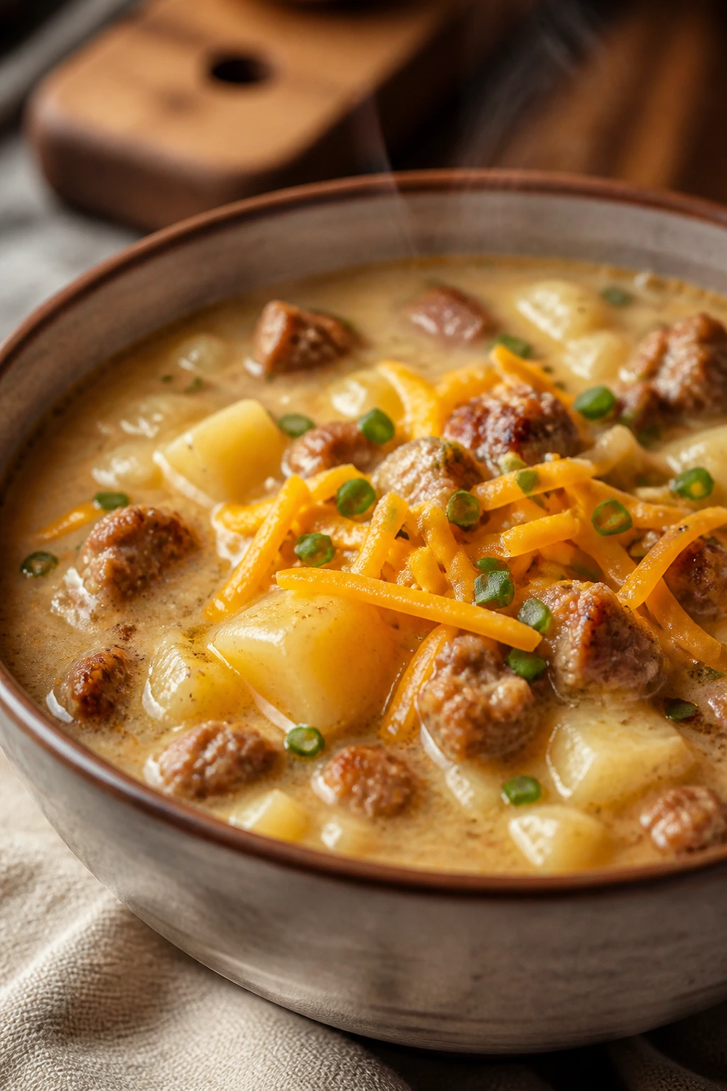 Creamy potato soup with beef and sausage, cheddar and chives