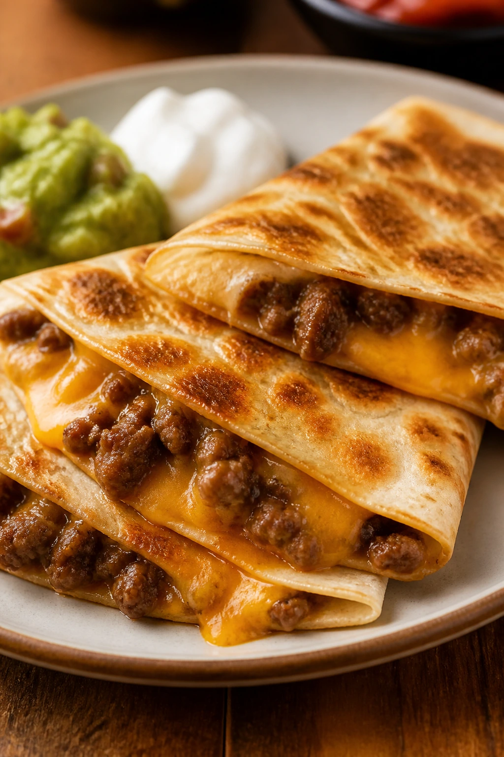Close-up of beef sausage quesadilla with cheddar