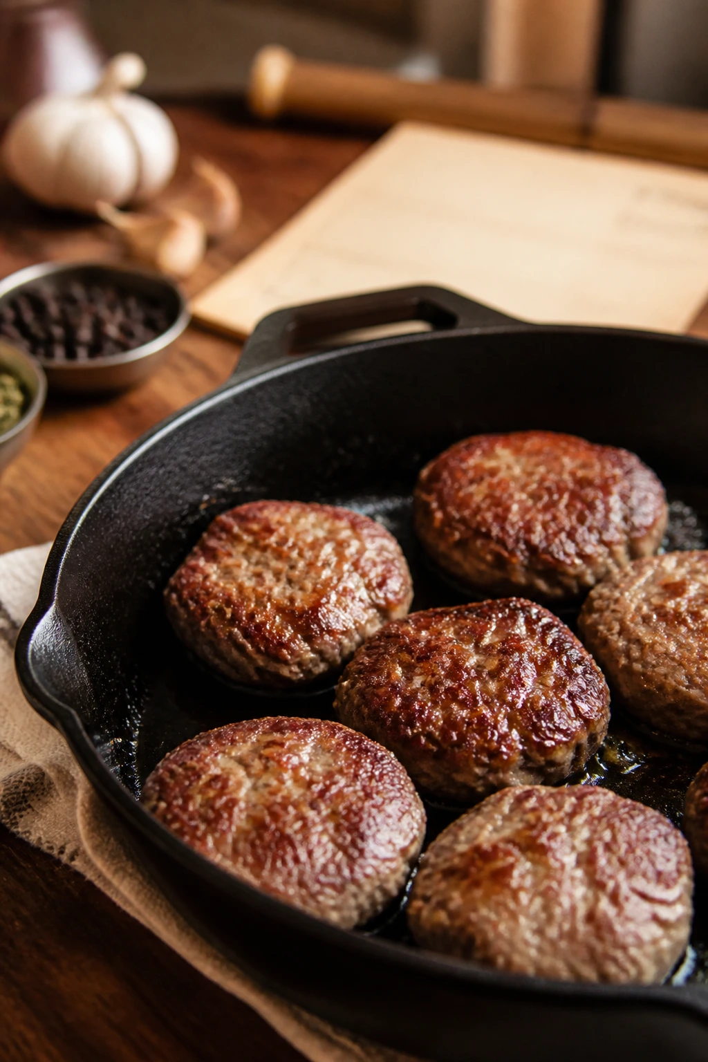 Juicy beef sausage patties browning in a skillet with a blurred recipe card in the background