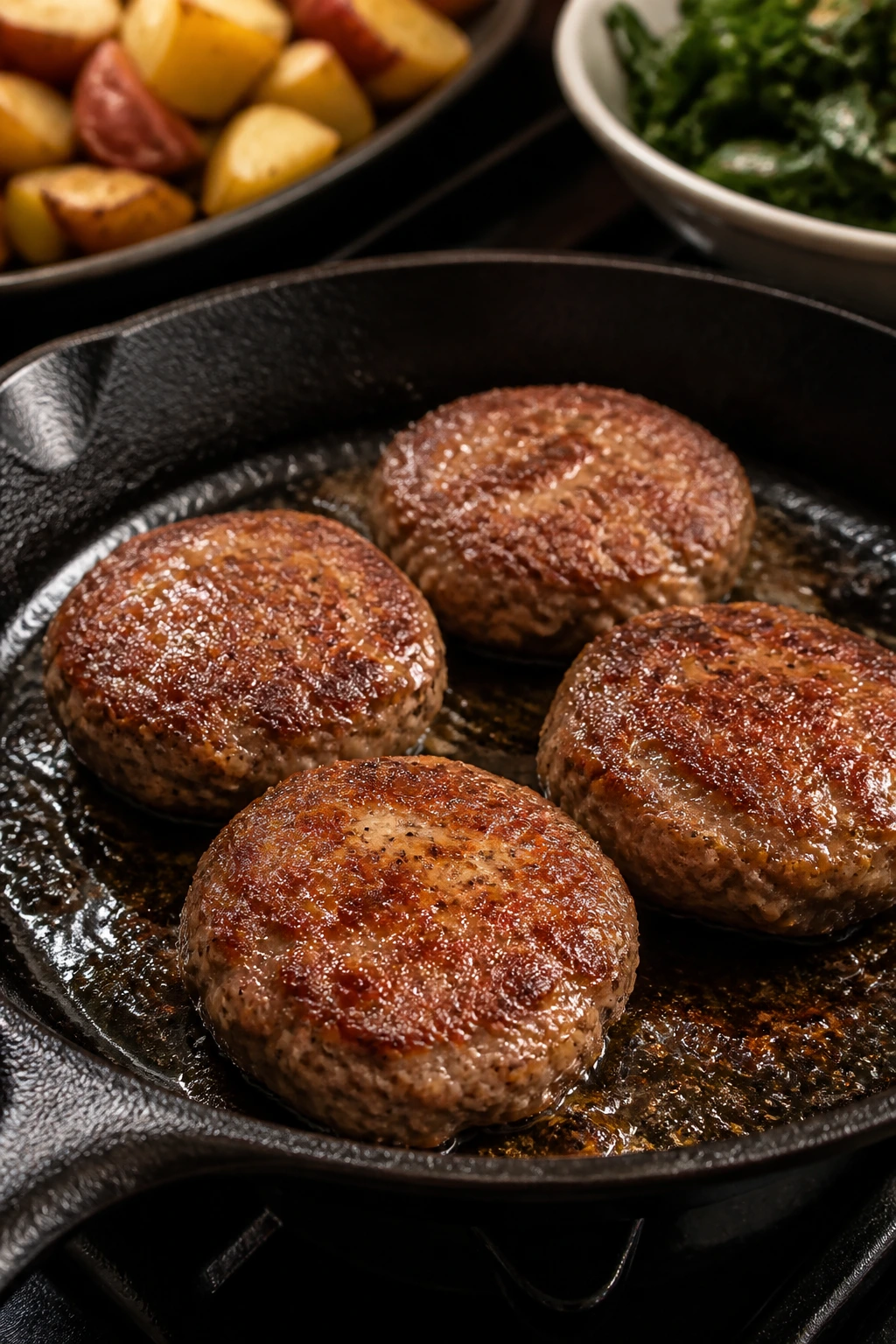 Close-up of browned beef sausage patties in a skillet on a warm kitchen stove
