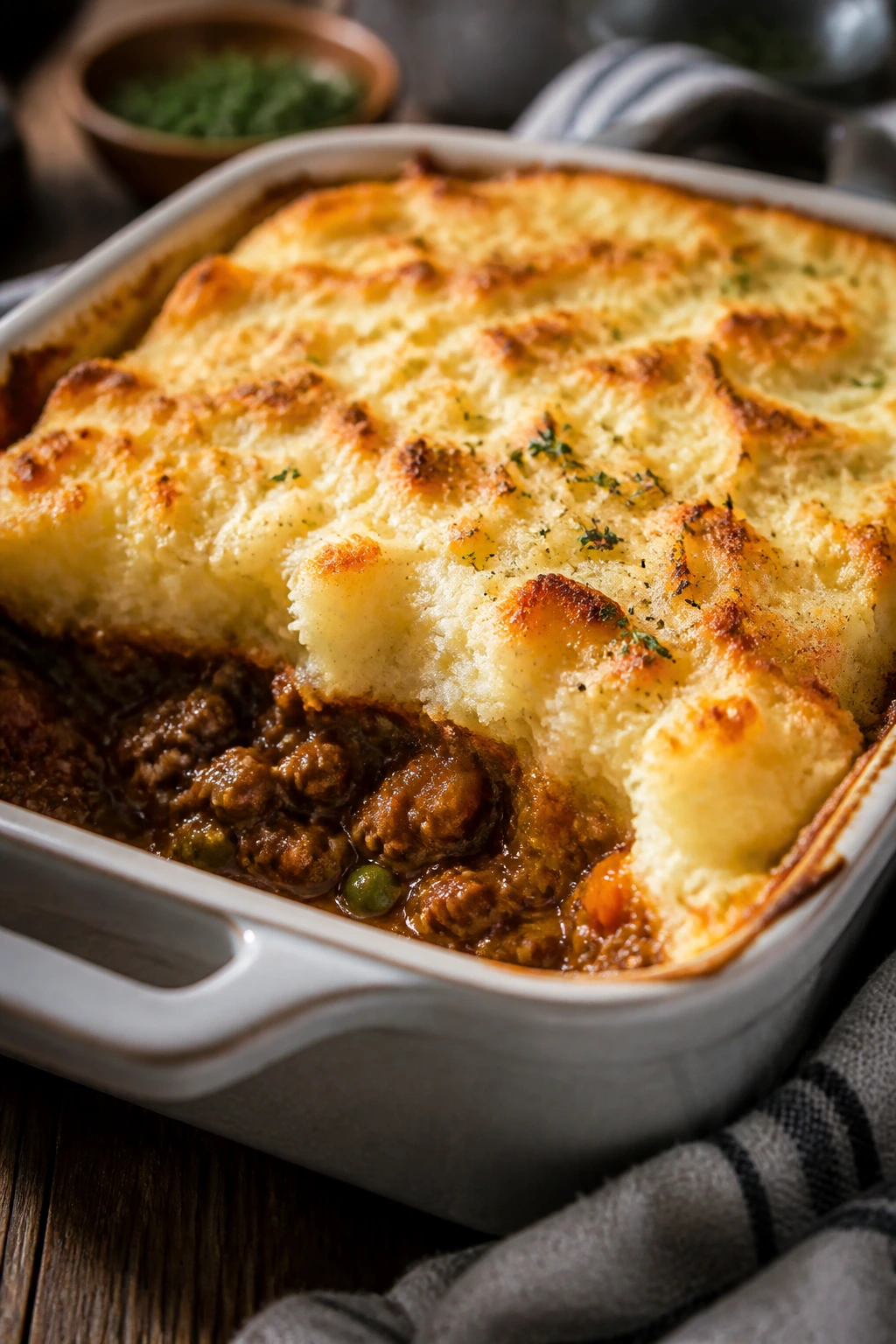 Shepherd's pie with sausage and mashed potato crust