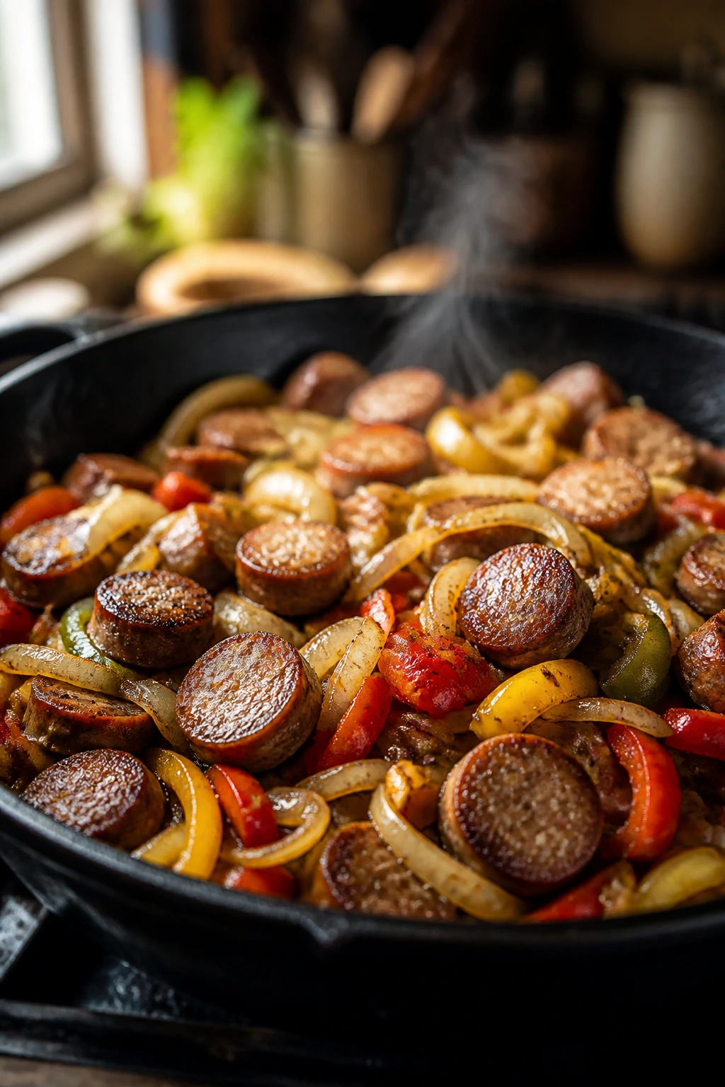 Close-up of skillet with browned sausage, onions and peppers steaming in a rustic kitchen