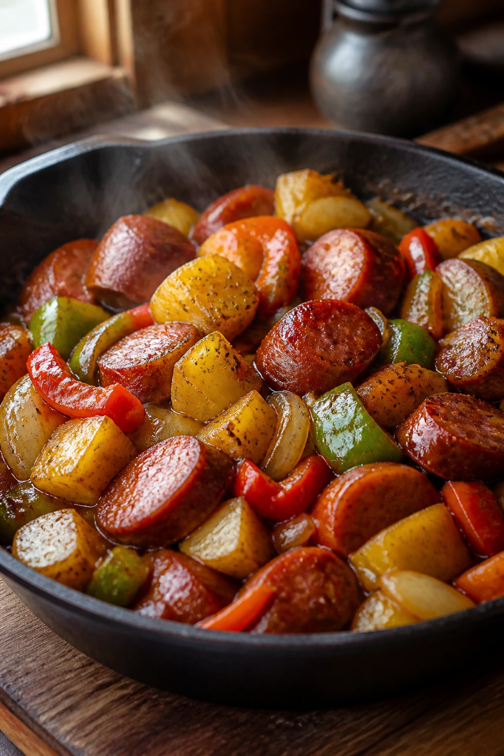 Close-up of Tender Beef Smoked Sausage Skillet Dinner with potatoes, onions, and peppers in a glossy pan