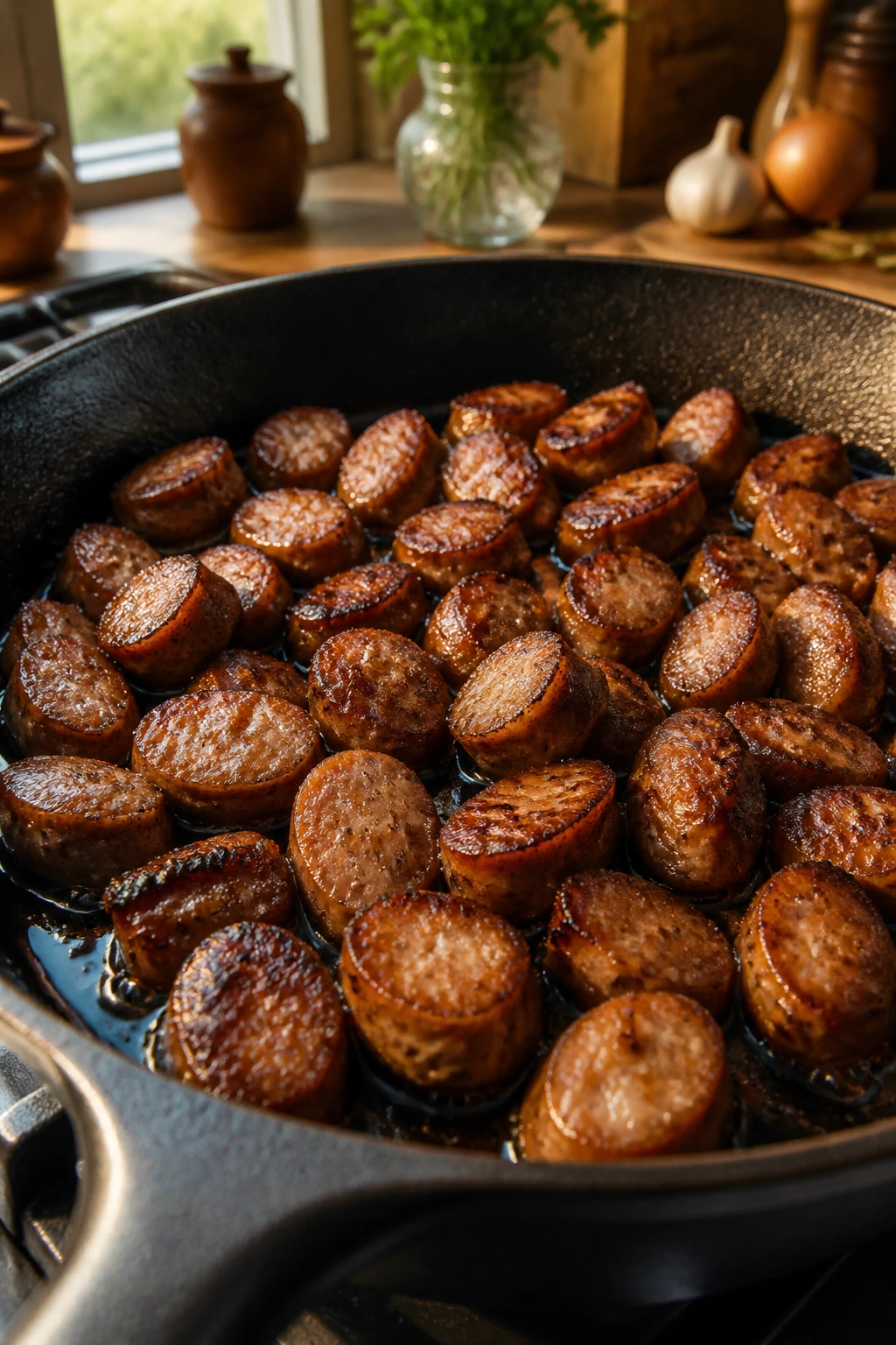 Close-up of beef sausage in a skillet on a kitchen counter