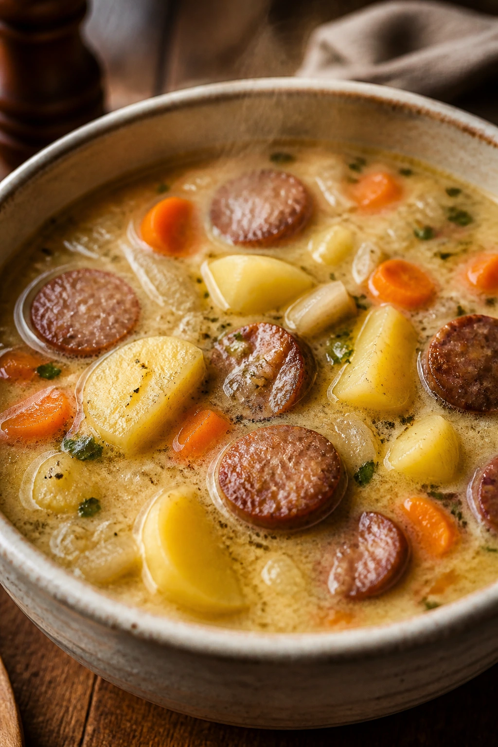 Rustic bowl of potato soup with sausage, potatoes, carrots steaming in a cozy kitchen