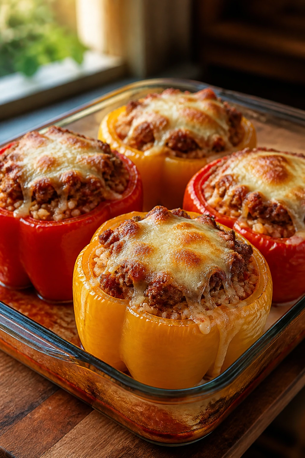 Close-up of stuffed bell peppers with sausage, rice, tomato sauce and mozzarella