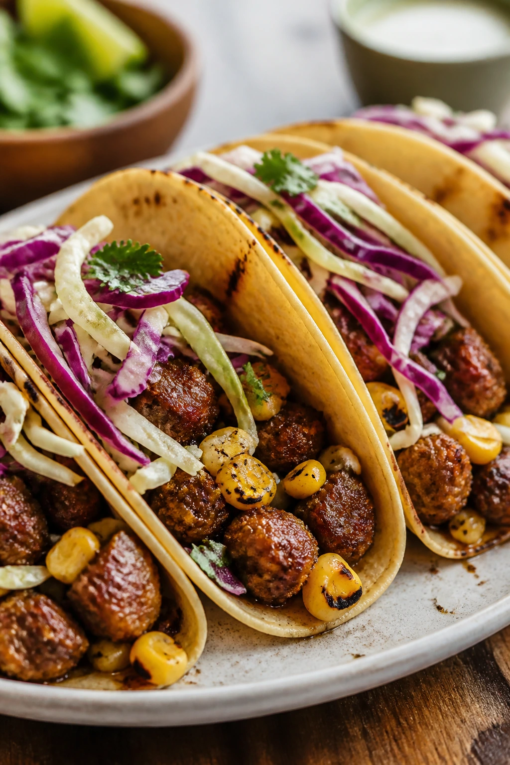 Beef sausage tacos with charred corn and cabbage on a plate
