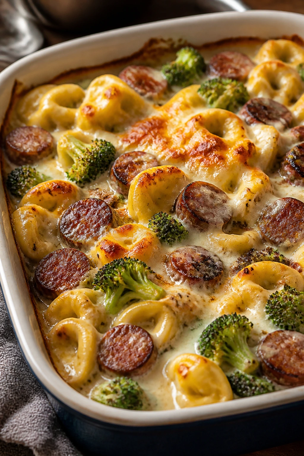 Baking dish with tortellini, sausage, broccoli and cheese