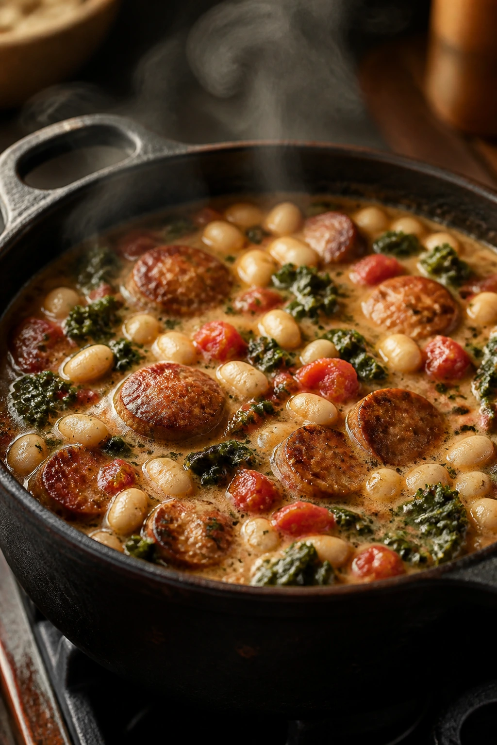 Hearty sausage and white bean stew with kale in a bowl