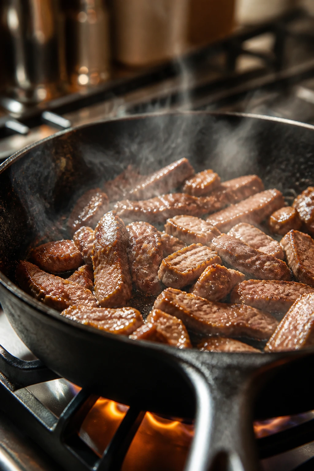 Close-up of beef strips searing in a hot pan with browning crust