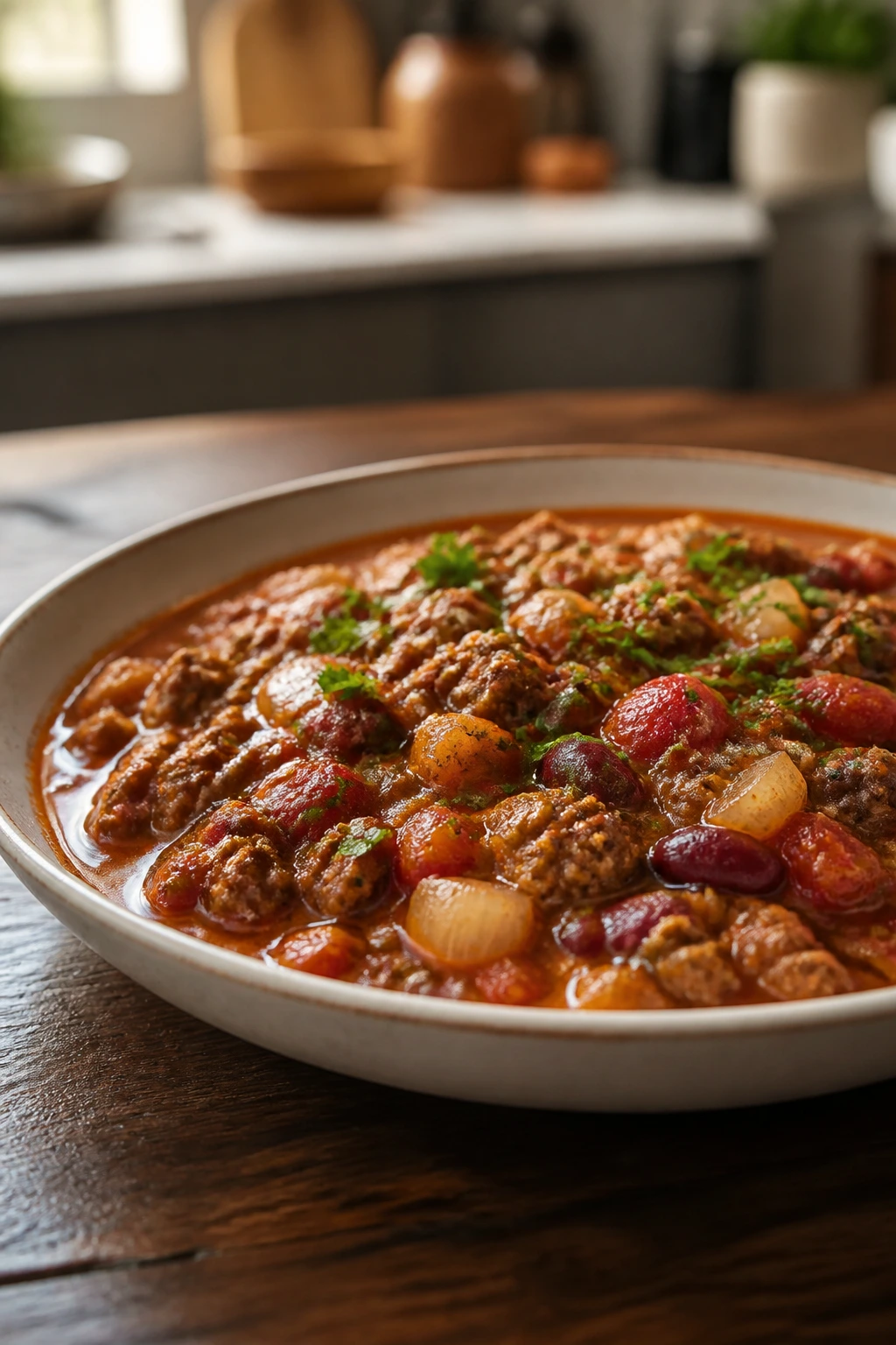 Plated saucy beef dish ready to serve in a shallow bowl