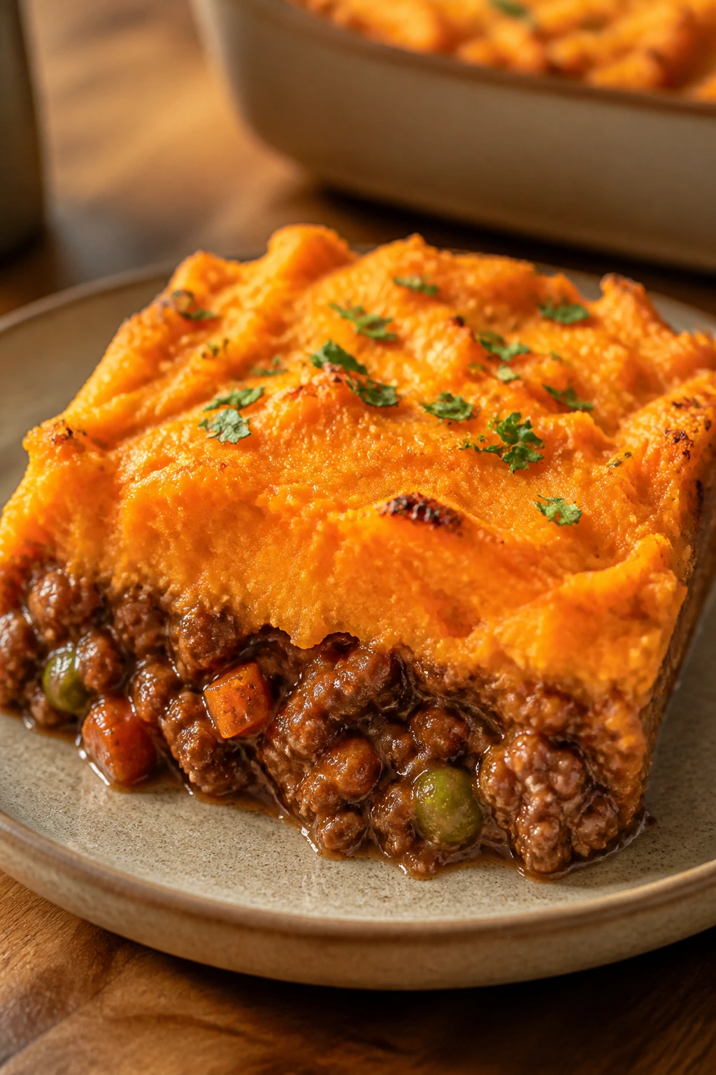Beef shepherd's pie slice on plate