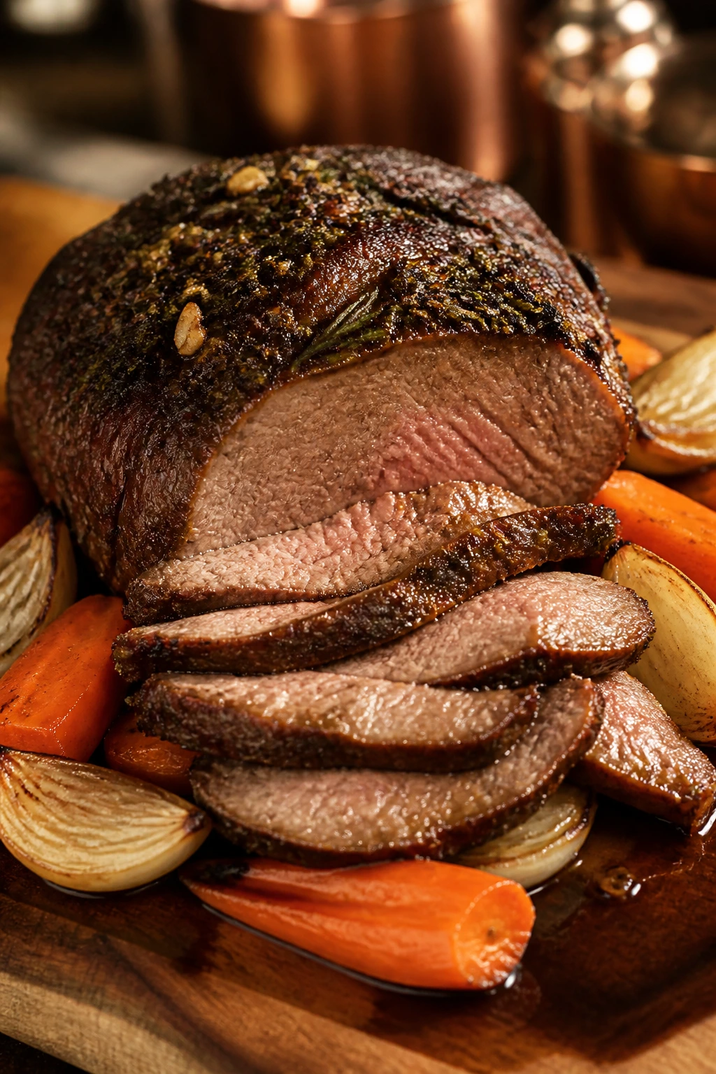 Close-up of garlic-herb beef sirloin roast with onions and carrots on a wooden cutting board in a warm kitchen