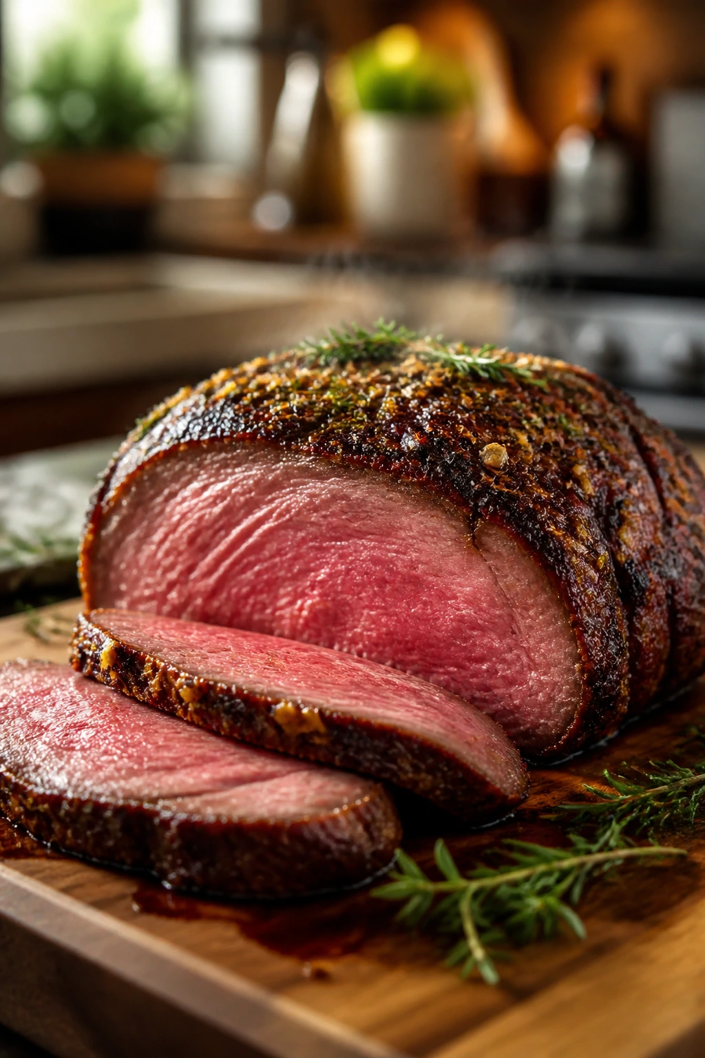 Beef sirloin roast with pink center and browned crust on cutting board