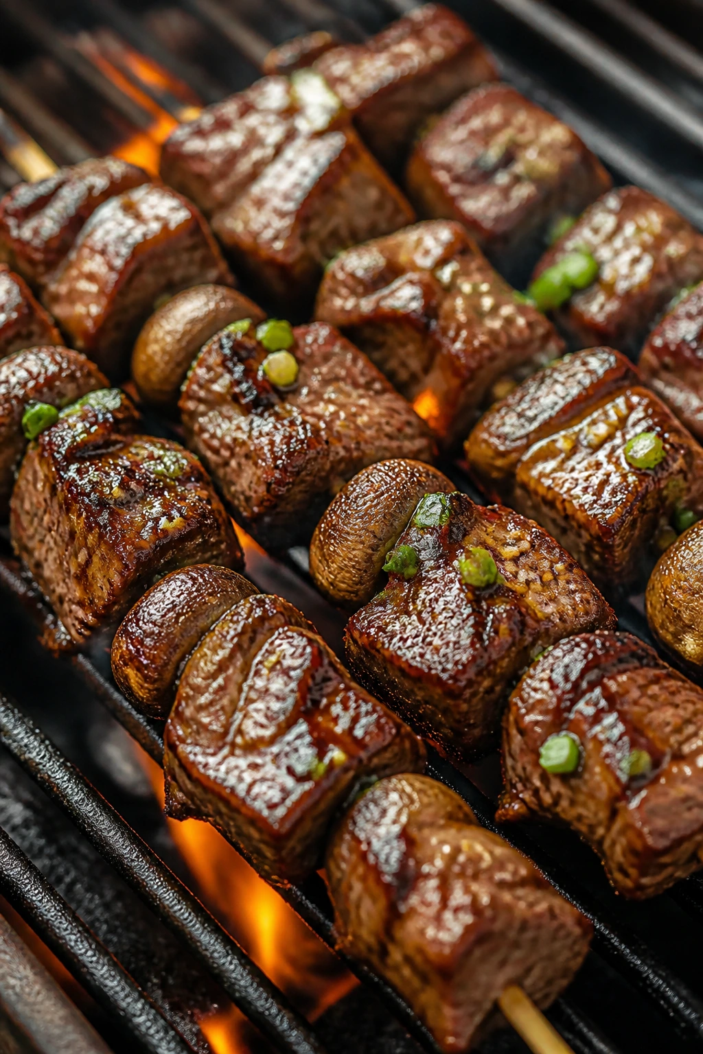 Beef and mushroom skewers with glossy glaze grilling outdoors