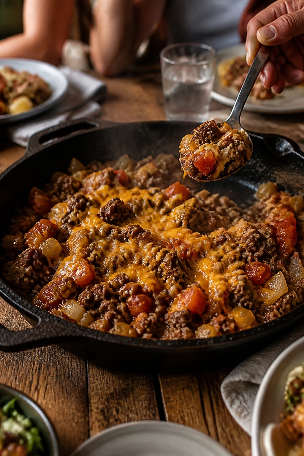 Steaming beef skillet as centerpiece on wooden table