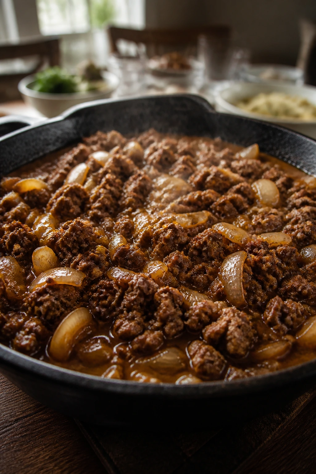 Close-up of beef skillet with browned beef and onions in a cozy kitchen