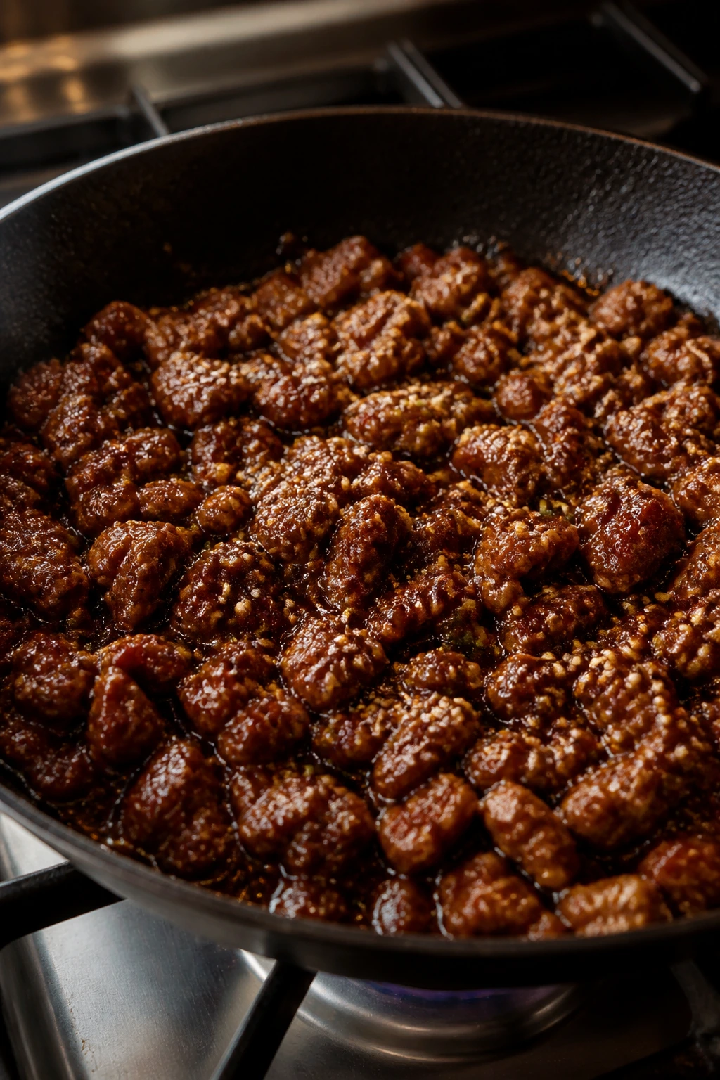 Glossy beef in skillet with sesame oil sheen