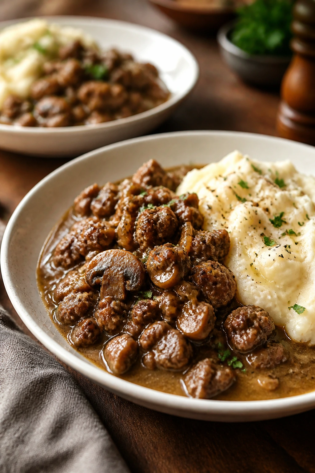 Beef skillet served with mashed potatoes and gravy in a warm kitchen