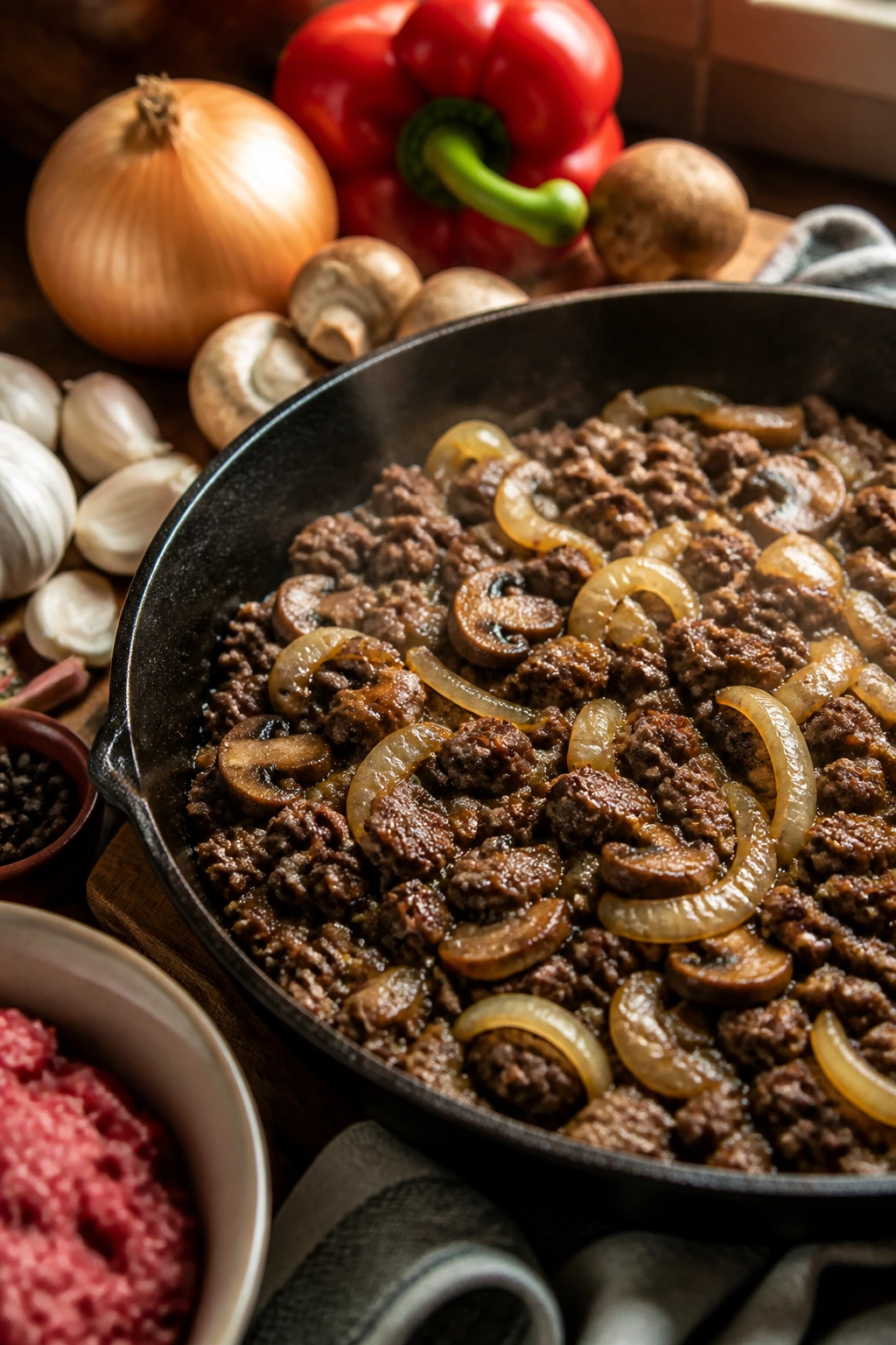 Skillet with beef, onions, and mushrooms ready for juiciest version with fresh ingredients nearby