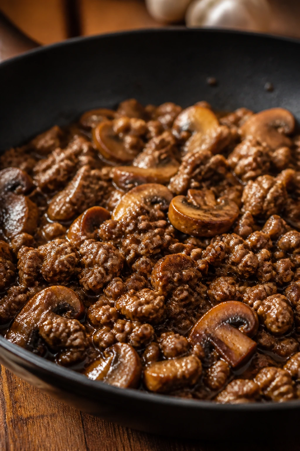 Close-up of juicy beef skillet with mushrooms and glossy sauce in a warm kitchen
