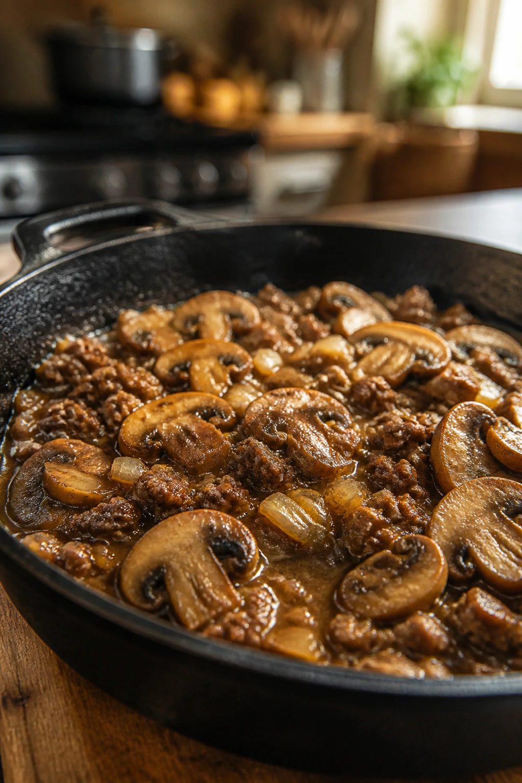 Close-up of a beef skillet with onions and mushrooms in glossy gravy on a warm kitchen counter