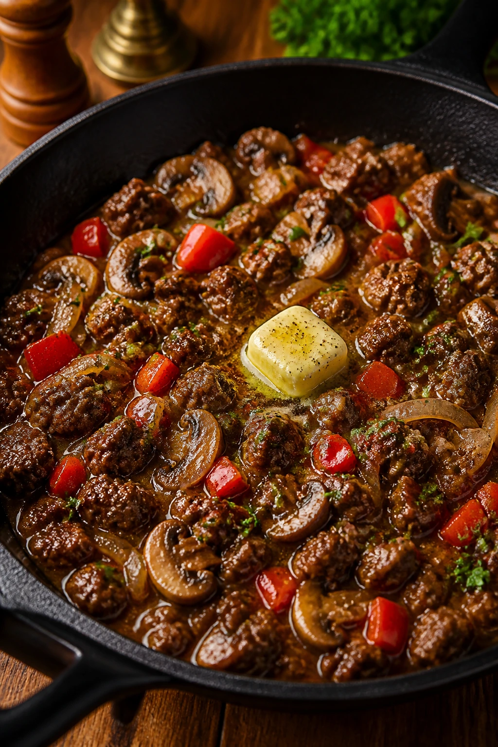Close-up of Juicy Beef Skillet with vegetables and glossy sauce