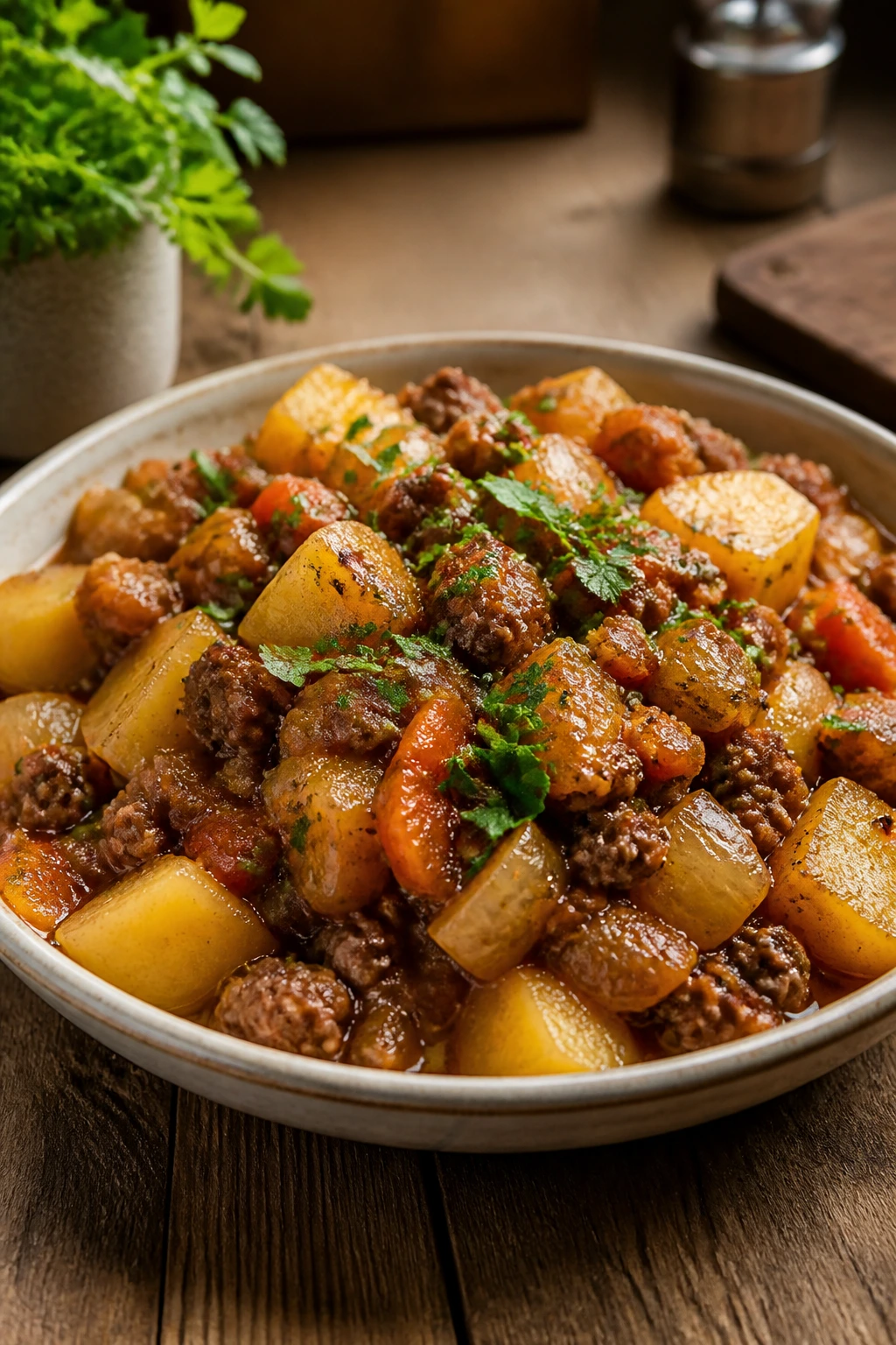 Close-up of plated beef skillet with potatoes and parsley on a rustic table