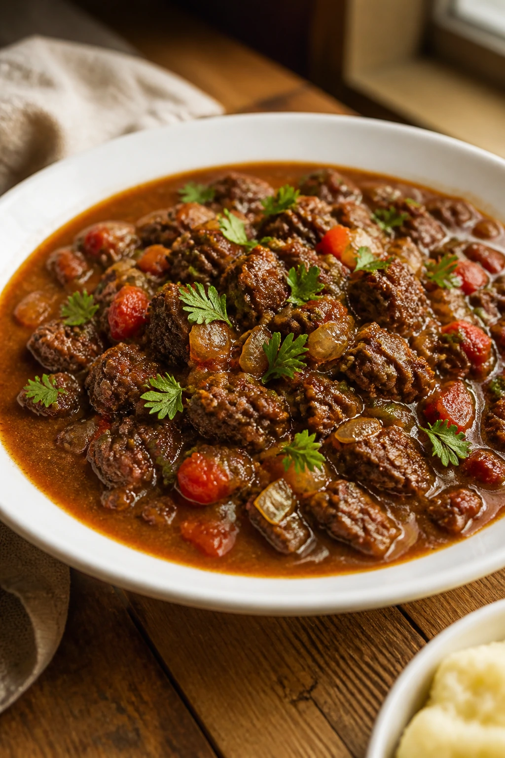 Close-up of a hearty beef skillet plated with sauce around the edges and a parsley garnish