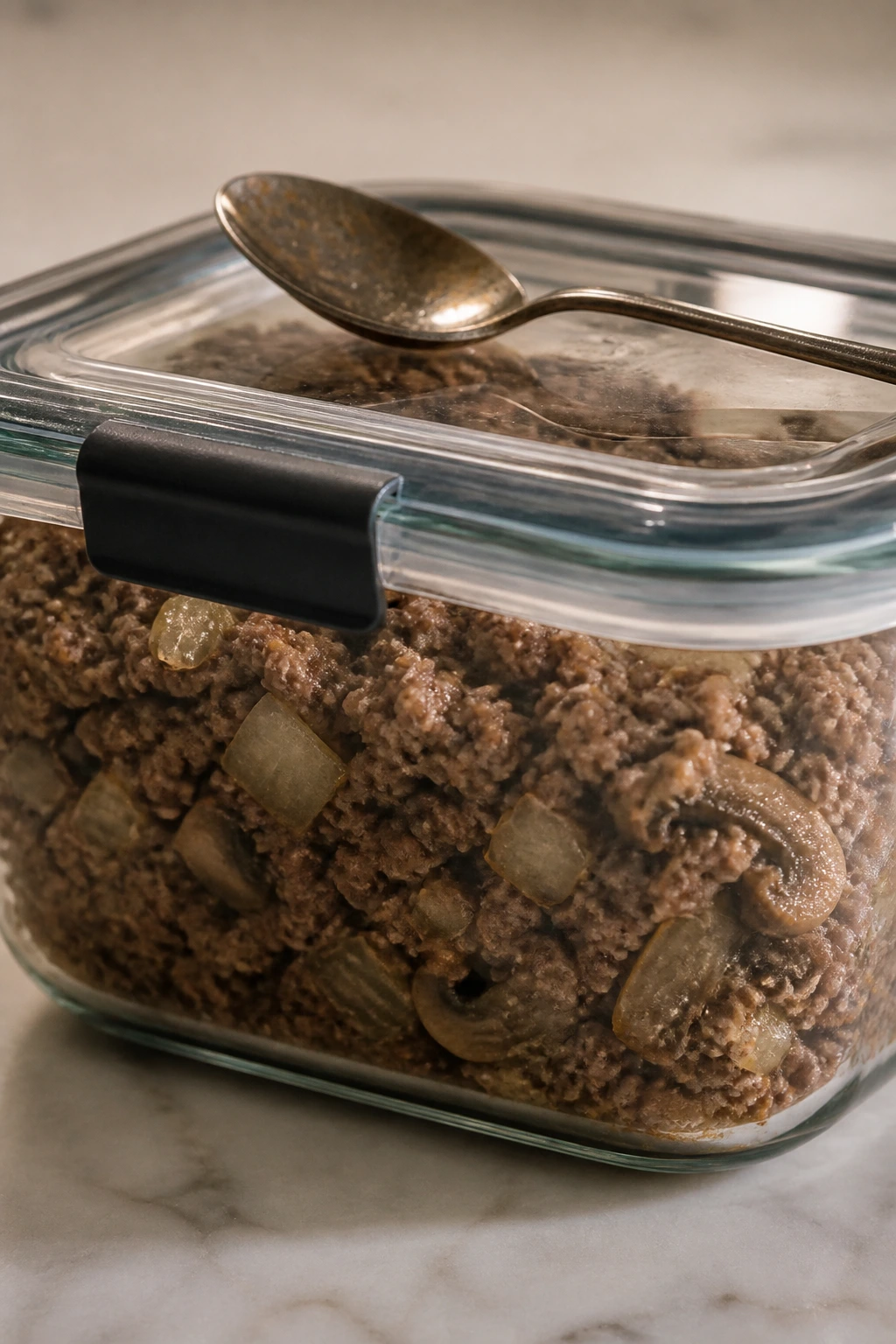 Beef skillet stored in glass container ready to reheat