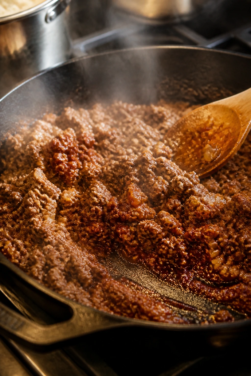 Glossy beef skillet with rich sauce and tomato paste caramelization in a warm kitchen
