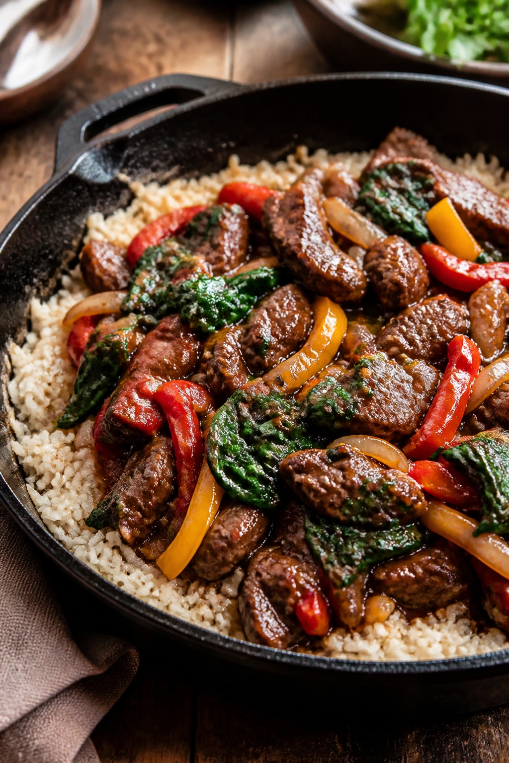 Beef skillet dish in cast-iron pan with rice and vegetables on wooden table
