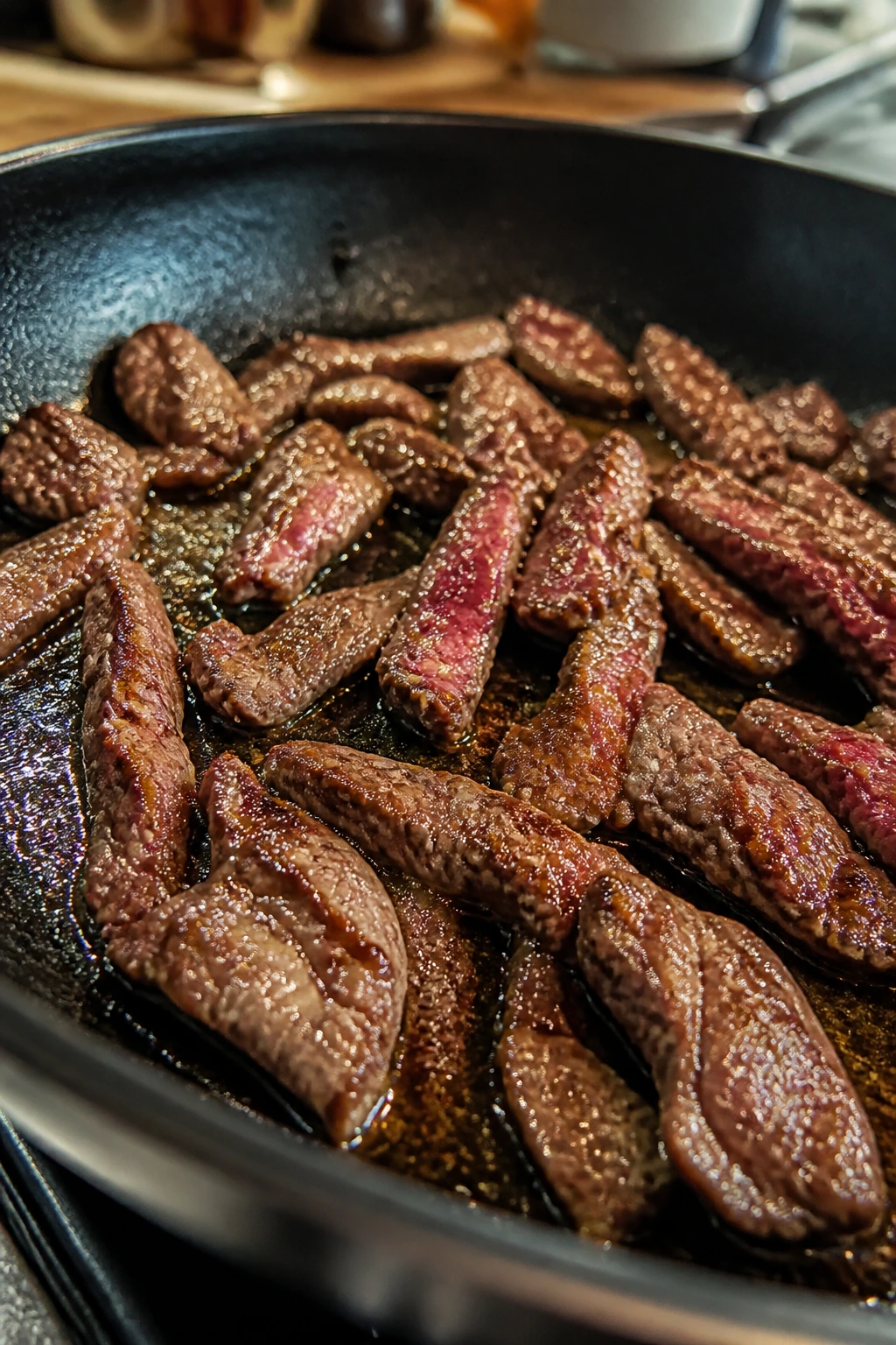 Beef slices browning in a hot pan with a blurred kitchen background