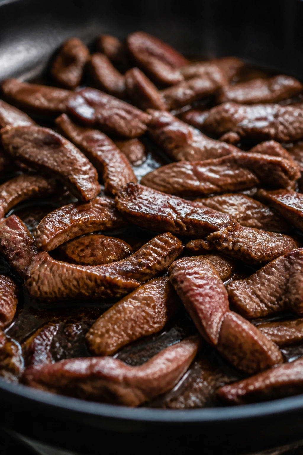 Thinly sliced flank steak searing in a hot skillet