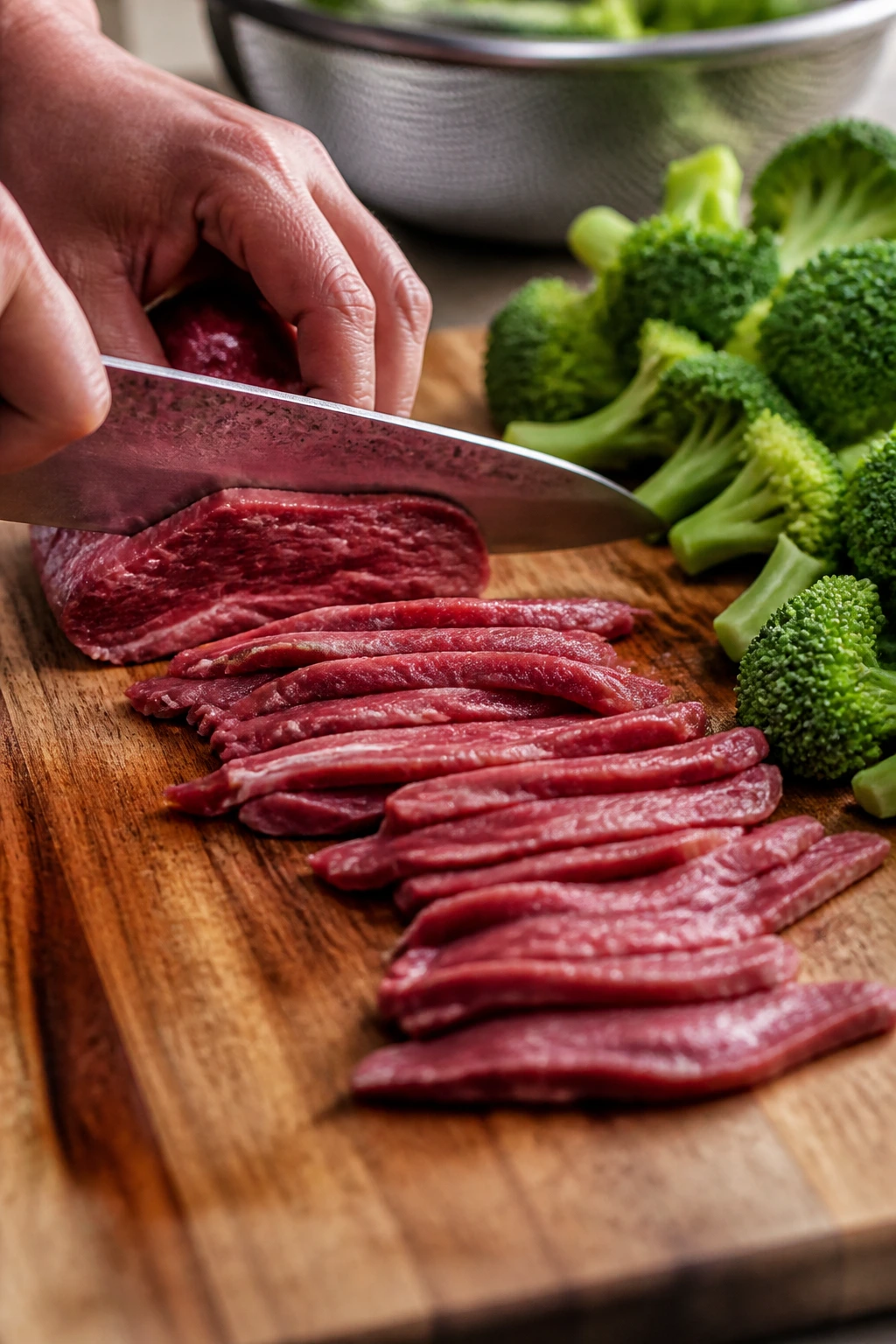 Hand slicing beef into thin strips on cutting board with broccoli nearby