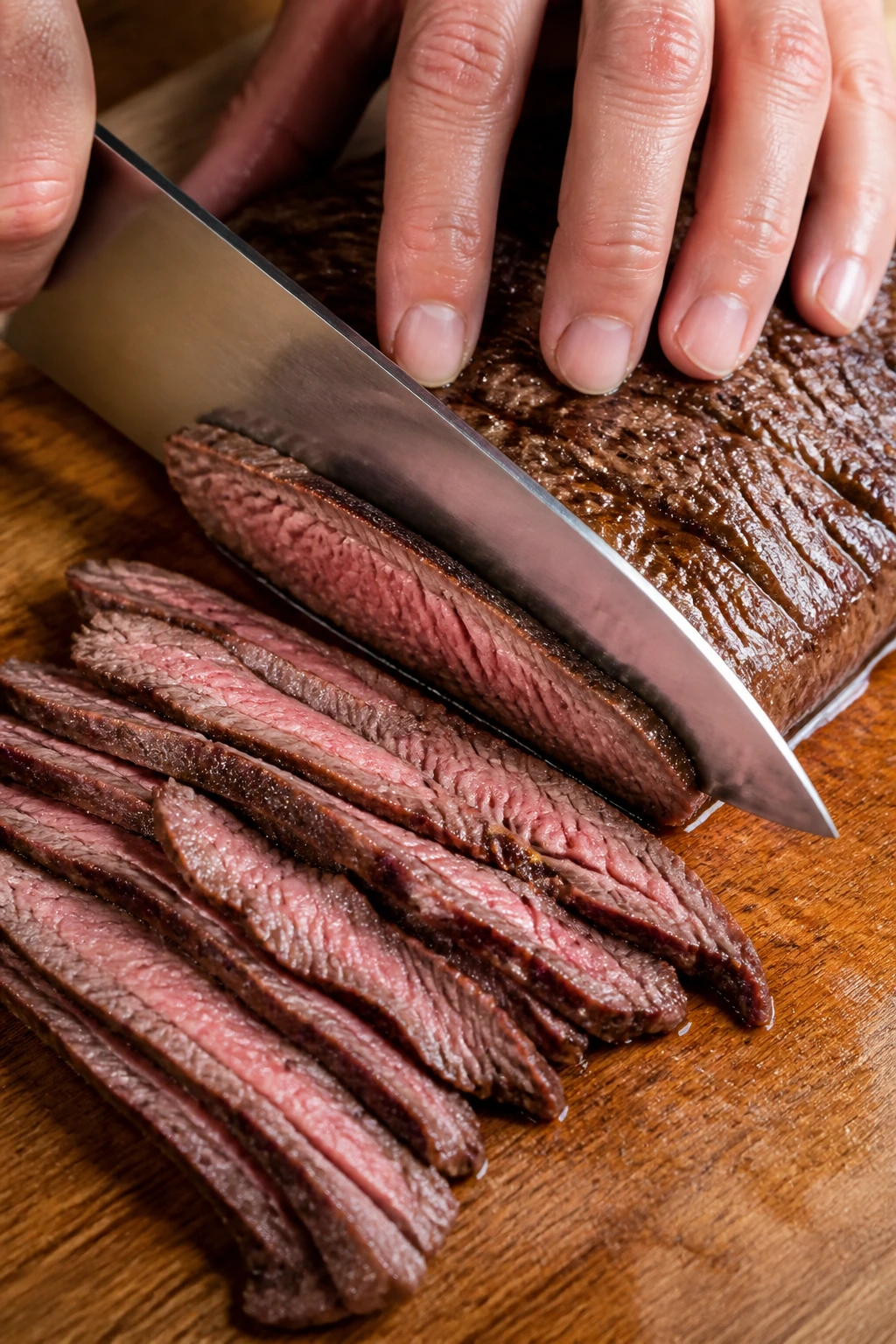 Hands slicing flank steak across the grain on a cutting board